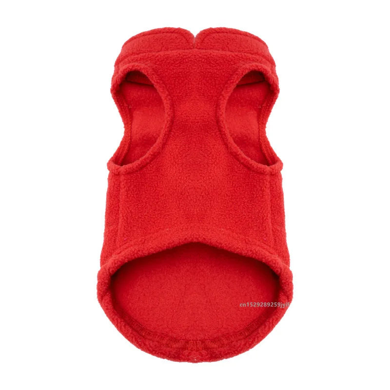 Red fleece pet jacket vest with D-ring and round leg opening
