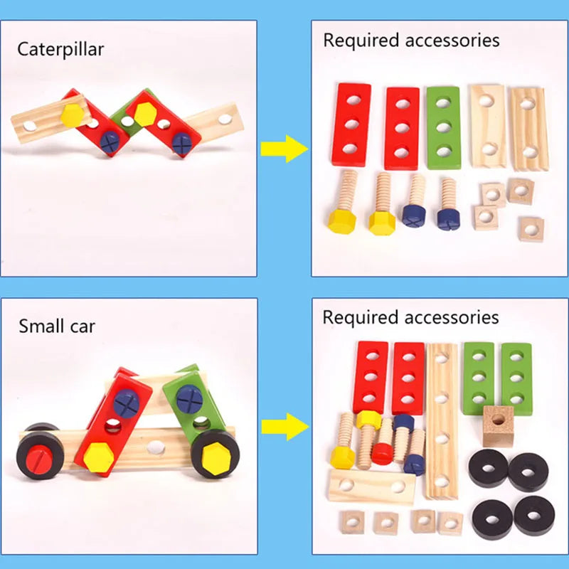 Printed accessory guide cards showing small colorful toy hardware pieces for assembly