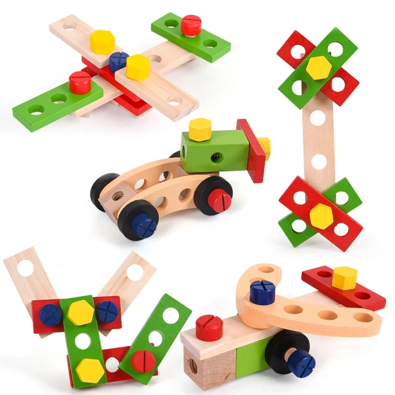 Assorted wooden and plastic toy tools, including drill, gears, hammer, and block parts
