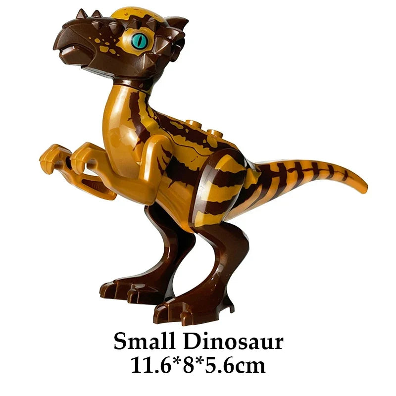 Small brown and gold striped dinosaur building block figure, running pose