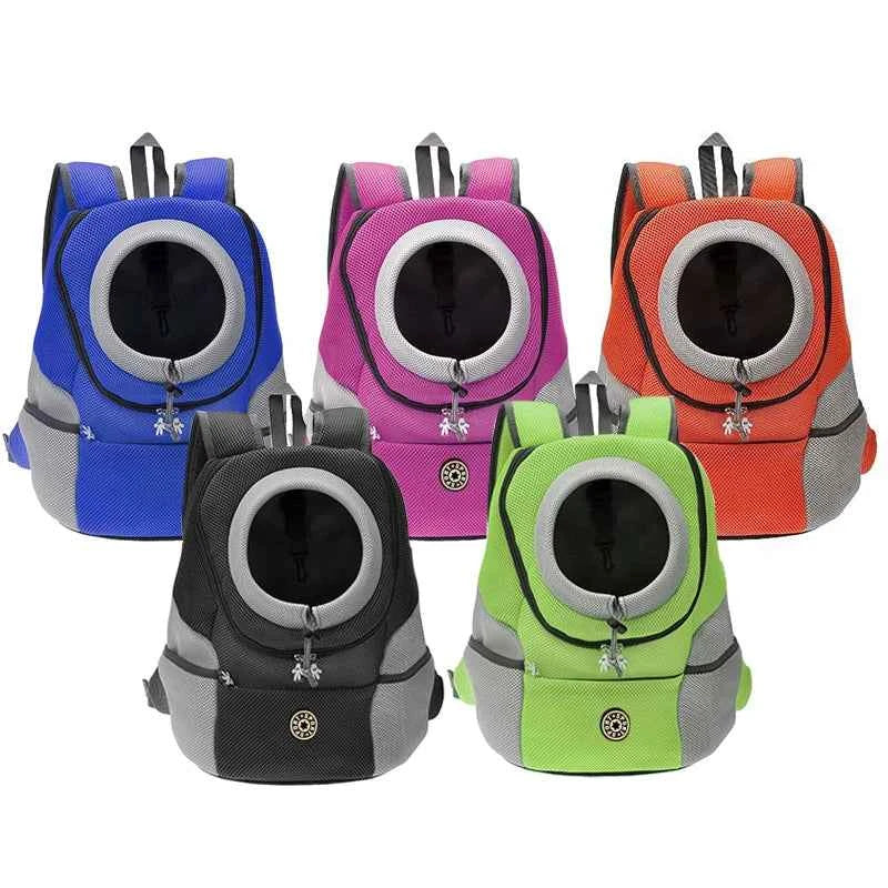 Set of breathable pet carrier backpacks with round mesh window, blue, pink, orange, green, black