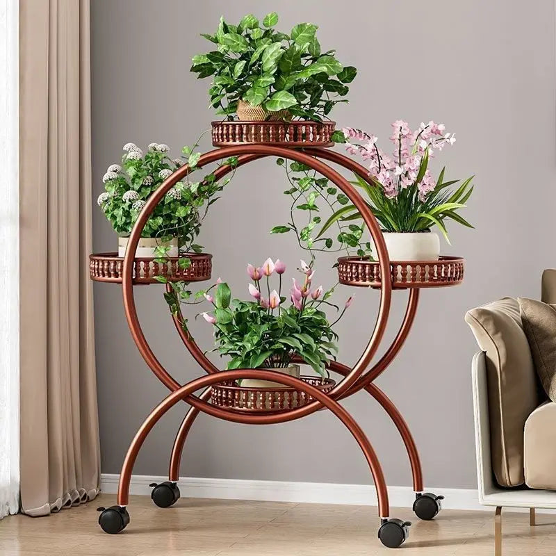 Rust-brown metal multi-tier circular plant stand with ring shelves and rolling casters