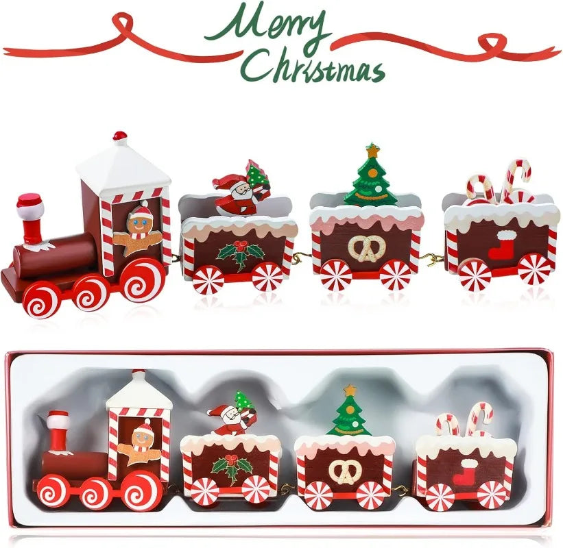Packaged set of painted wooden Christmas train cars with green tree and striped chimney engine