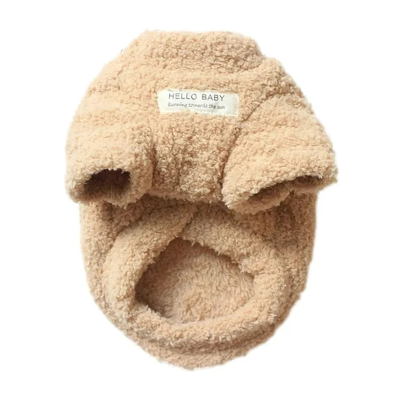 Plush dog sweater with hood, fuzzy beige, front paw pocket, 'HELLO BABY' label