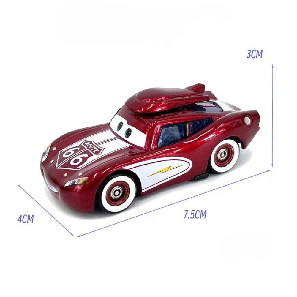 Red diecast racing car toy with number 6 decals, front three-quarter view.