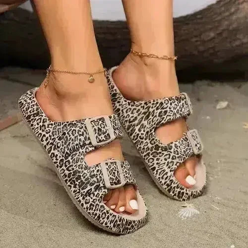 Leopard-print platform slippers with open toe, two buckled straps, and thick sole