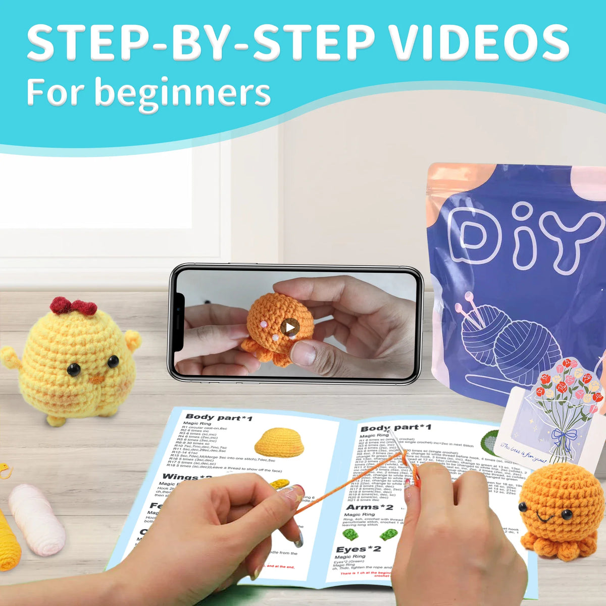 Step-by-step crochet kit with instruction sheets, small parts, and a smartphone photo