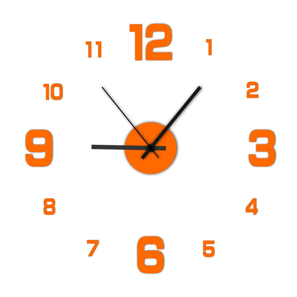 Frameless wall clock decal with orange numbers and orange circular face with black hands