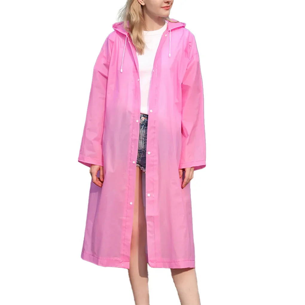 Pink hooded raincoat with snap-button front and knee-length, loose unisex fit