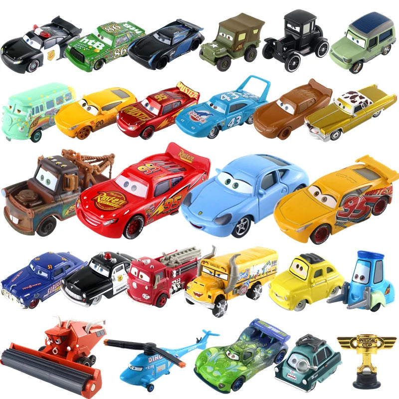 Diecast race car model collection, assorted colorful vehicle designs