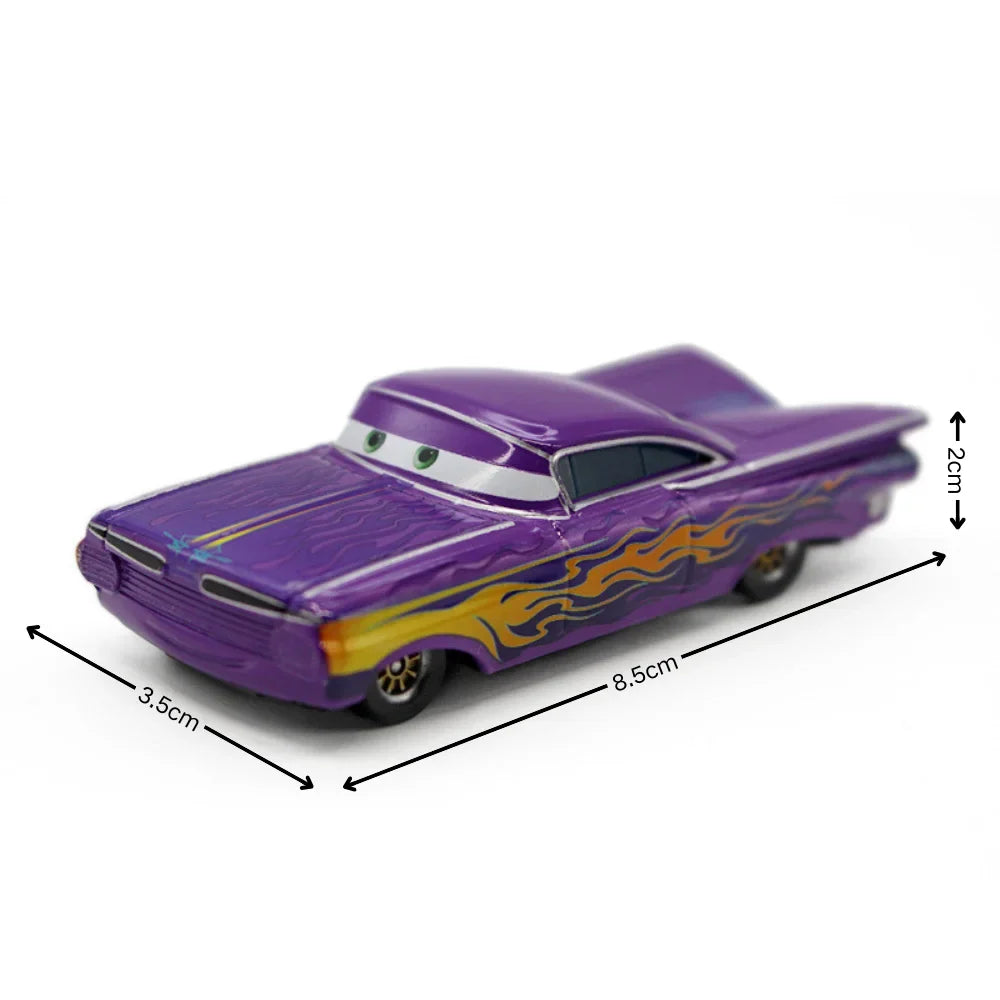 Purple diecast racing car toy with flame decals and molded driver face