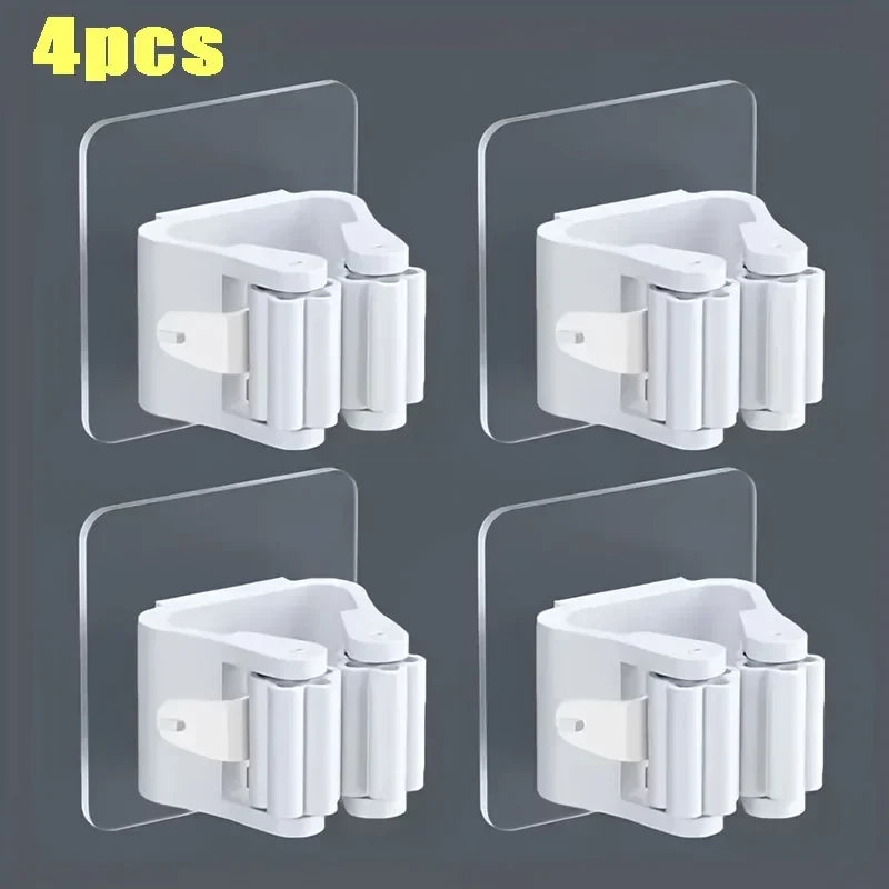 Set of 4 white wall-mounted mop and broom holder clips