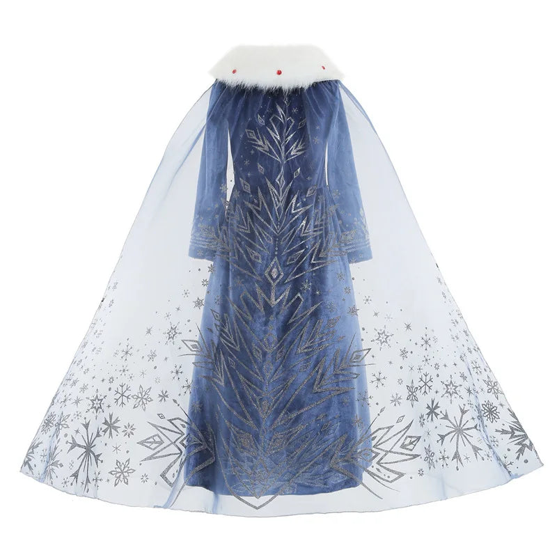 Girls blue princess dress from back with white fur collar and sheer cape sleeves