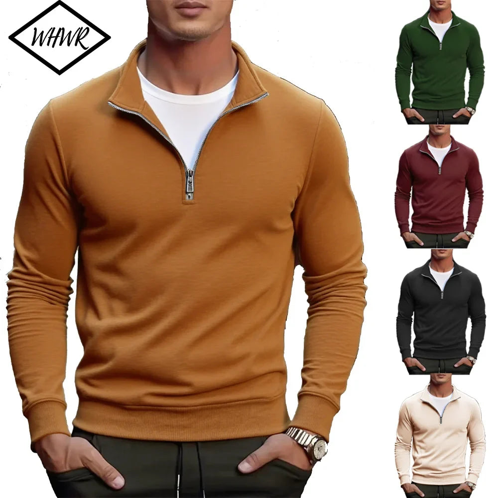 Men's pullover mock-neck sweatshirt, tan brown, half-zip collar