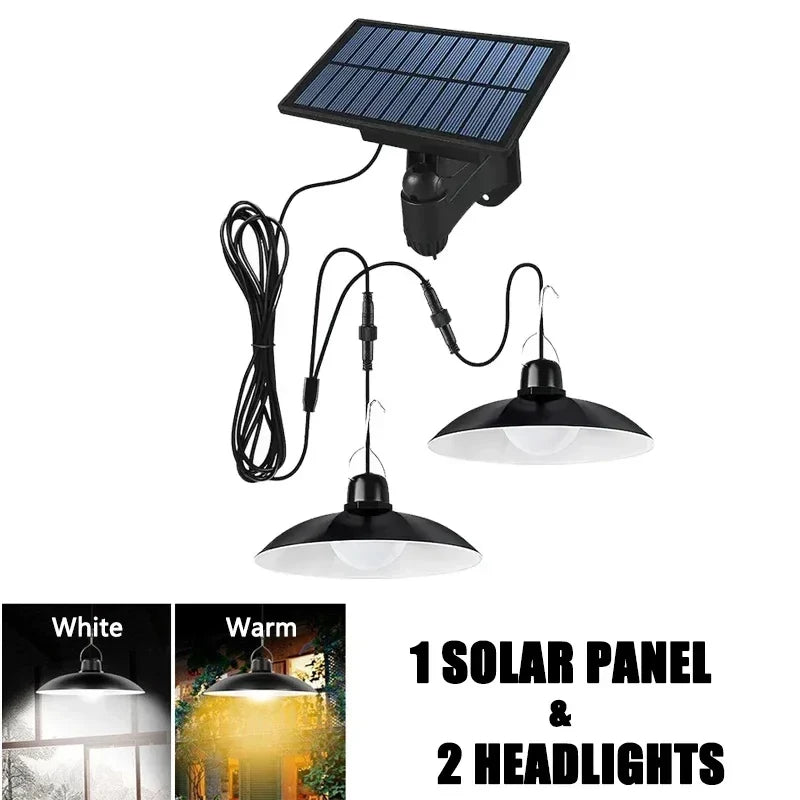 Solar outdoor pendant light set with solar panel, two hanging black lamp shades, cable system