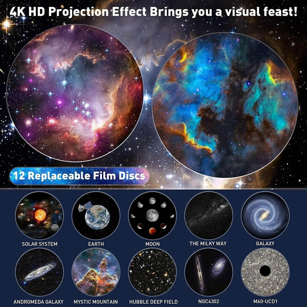 Star projector with two large galaxy-style planet disc prints and 13 disc lineup