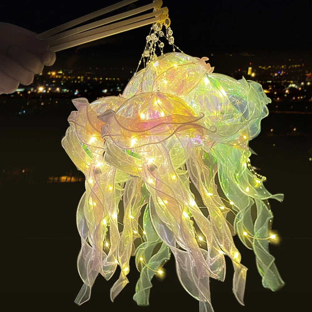 Glowing jellyfish lantern hanging lamp with translucent wings in yellow and green