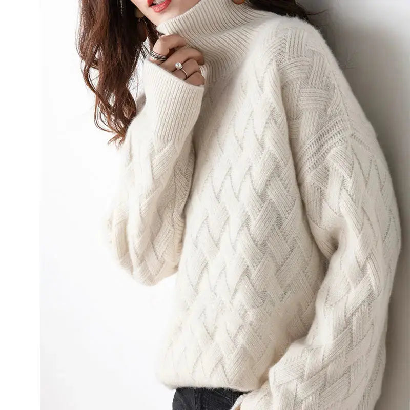 Cream oversized turtleneck sweater with textured diamond cable knit, long sleeves