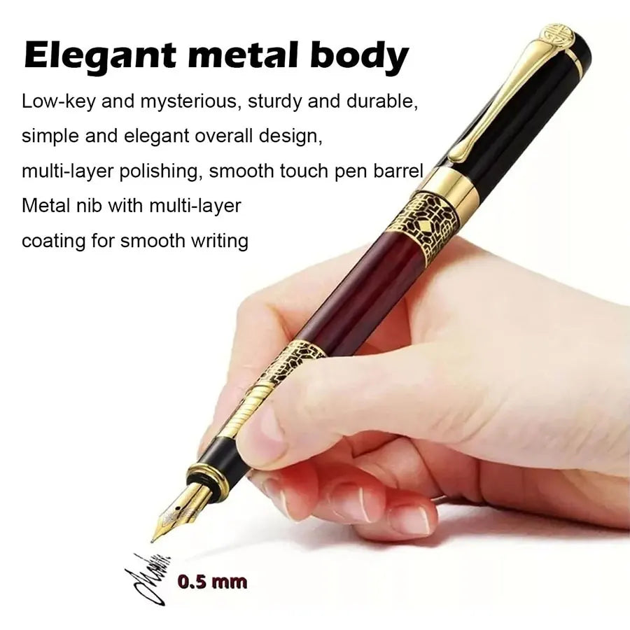 Handheld retro fountain pen with maroon barrel, gold accents, and pointed metal nib