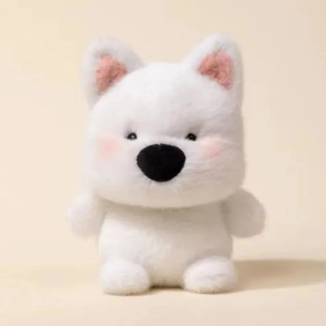 15cm plush animal toy white puppy with pink inner ears and black nose.
