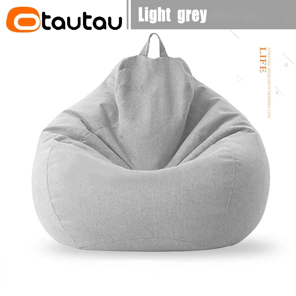 Light grey bean bag cover with tapered top and carry handle loop, no filler included