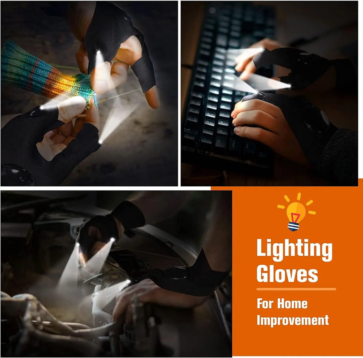 Black fingerless LED flashlight gloves activating light beams near tools and hands