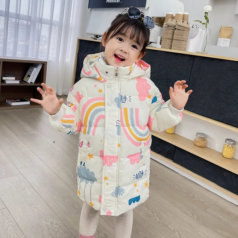 Kids hooded puffer jacket, cream with pastel rainbow and animal print, front zip