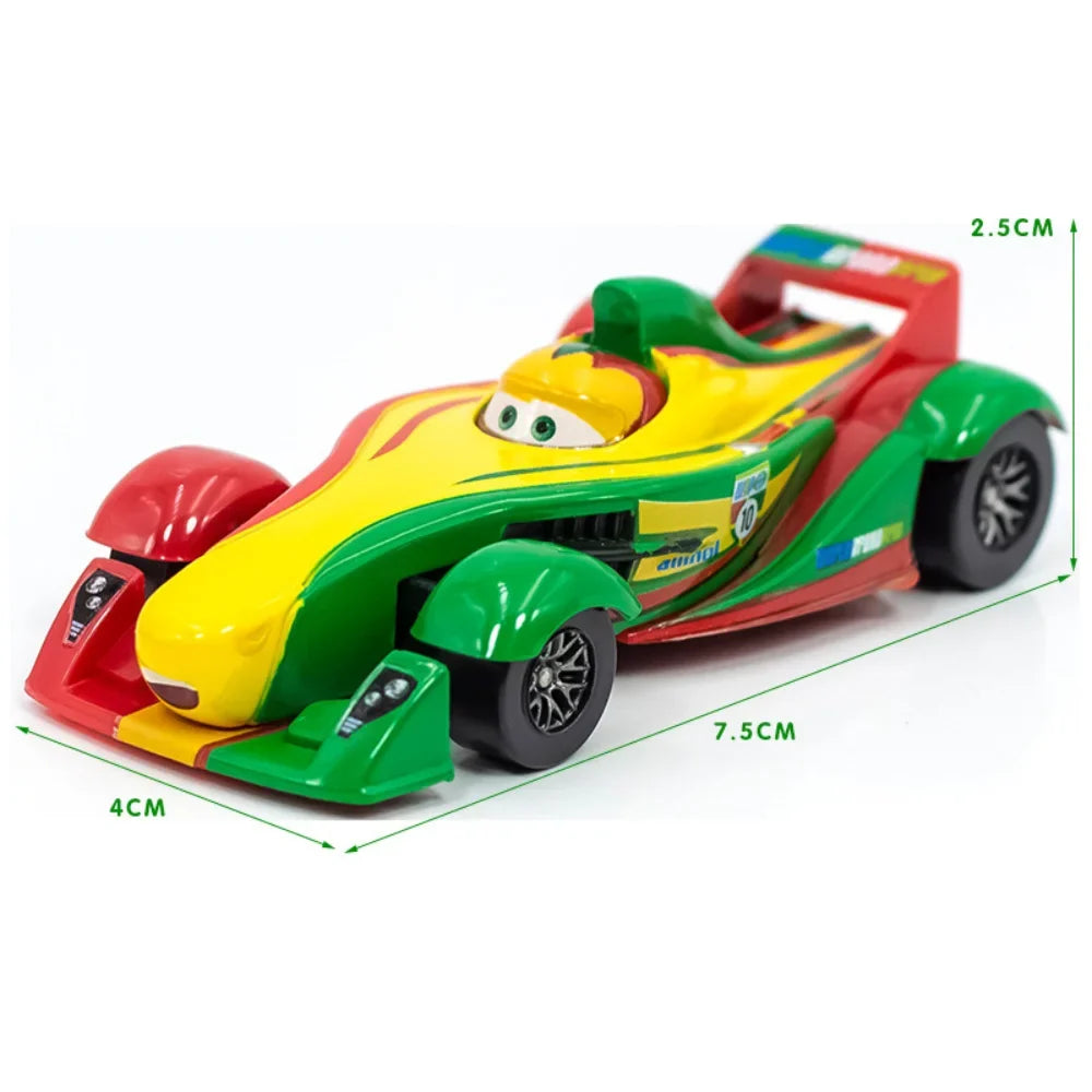 Green and yellow diecast racing car toy with colorful panel graphics