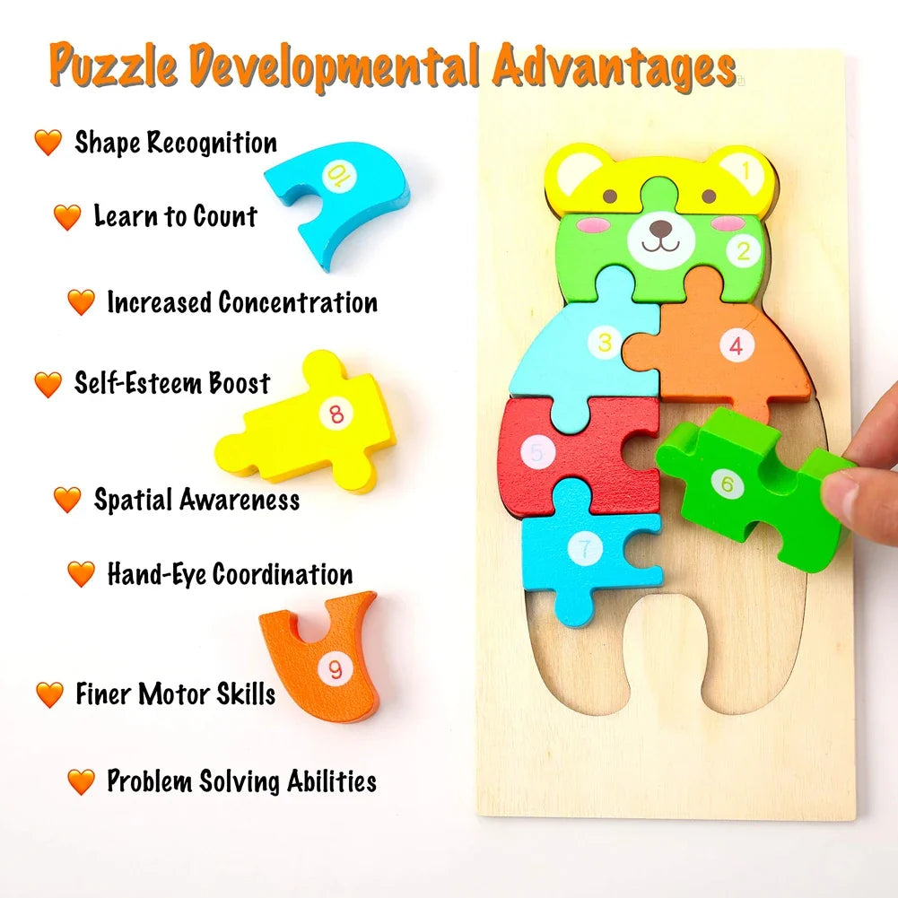 Wooden animal number puzzle board with bear and dinosaur-shaped pieces