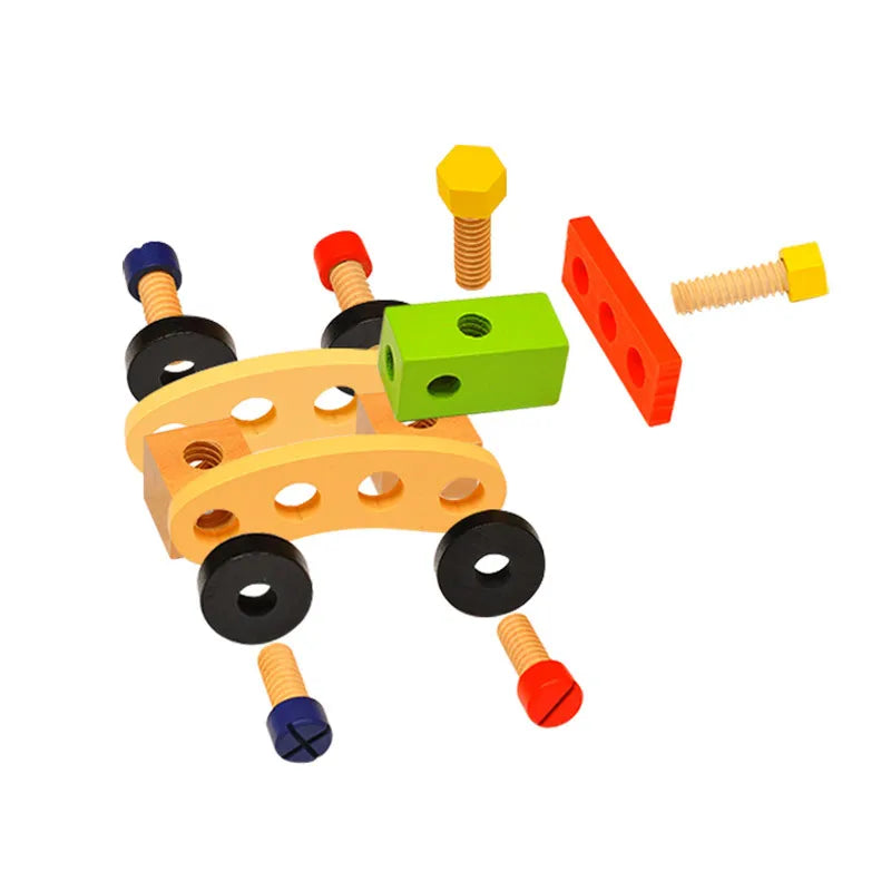 Wooden toy tool vehicle with multicolor screws, bolts, and a green attachment piece