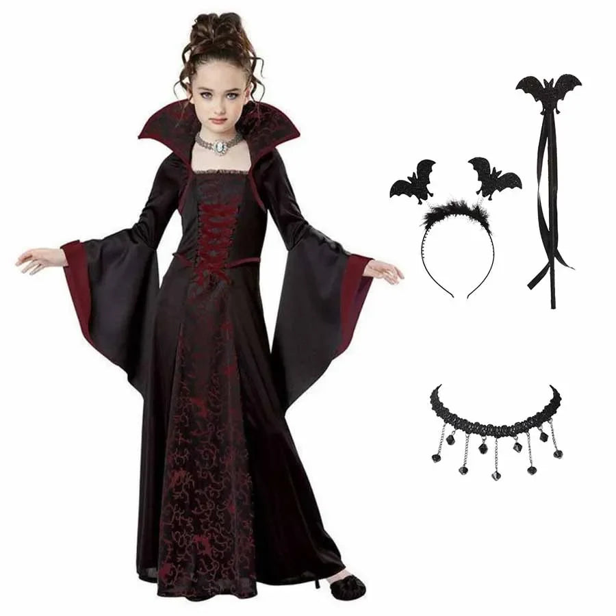 Girls dark vampire tutu dress with cape sleeves; includes heart headband and bat accessories