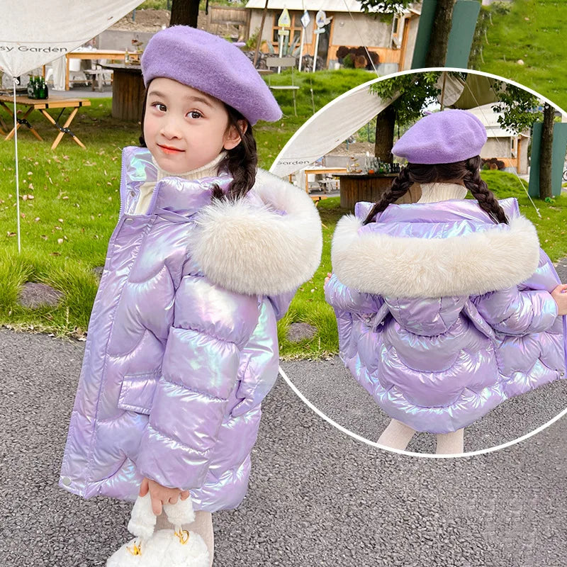 Girls hooded puffer jacket with faux fur collar and zipper, pastel lavender shimmer.