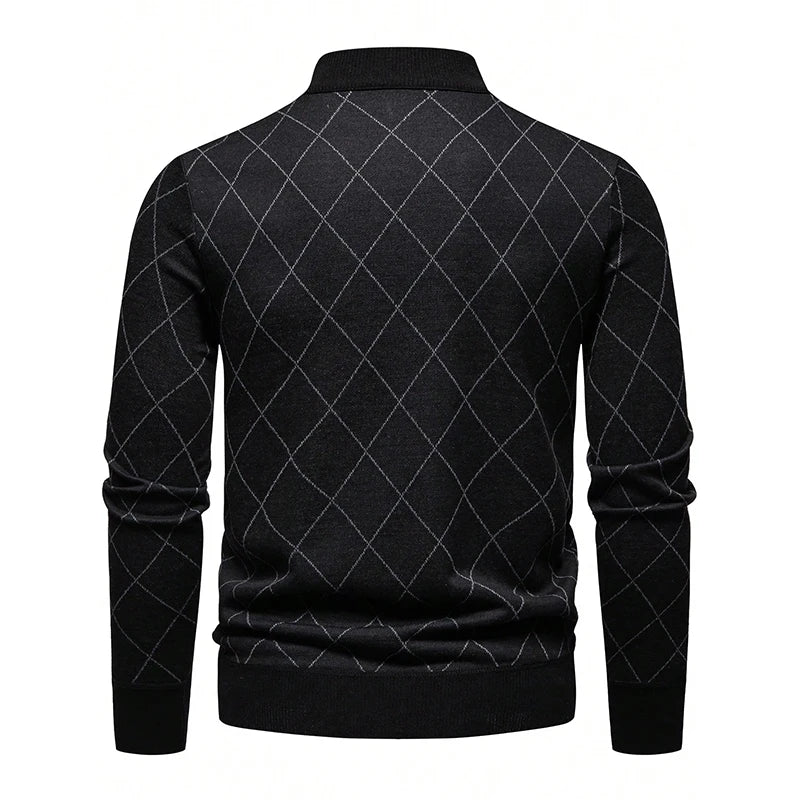Men's half-zip knit sweater back view, black diamond argyle pattern, stand collar