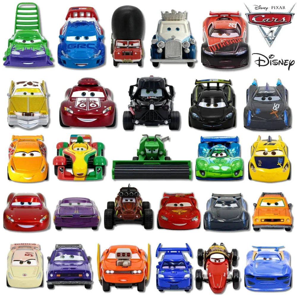 Assorted diecast racing car toy set, multiple colorful character cars in one lineup.