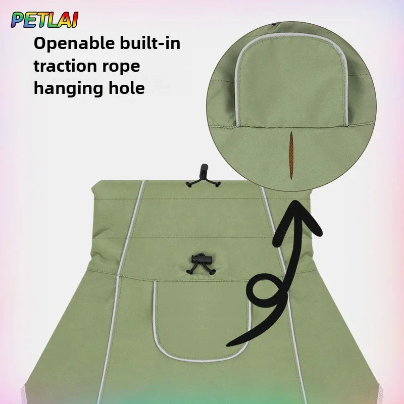 Olive dog jacket detail: hanging hole and built-in traction rope at center