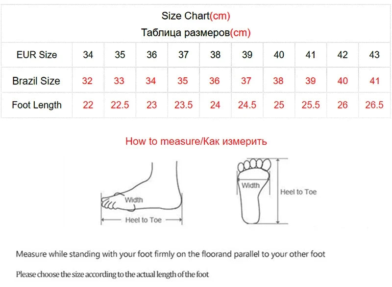 Size chart with EUR sizes and foot measurement diagram, including heel-to-toe and width.