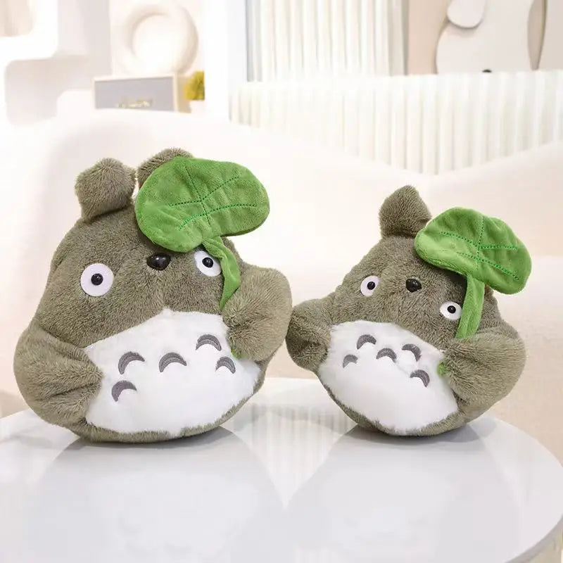 Cartoon forest creature plush pillows set, two brown plush dolls with green leaf caps
