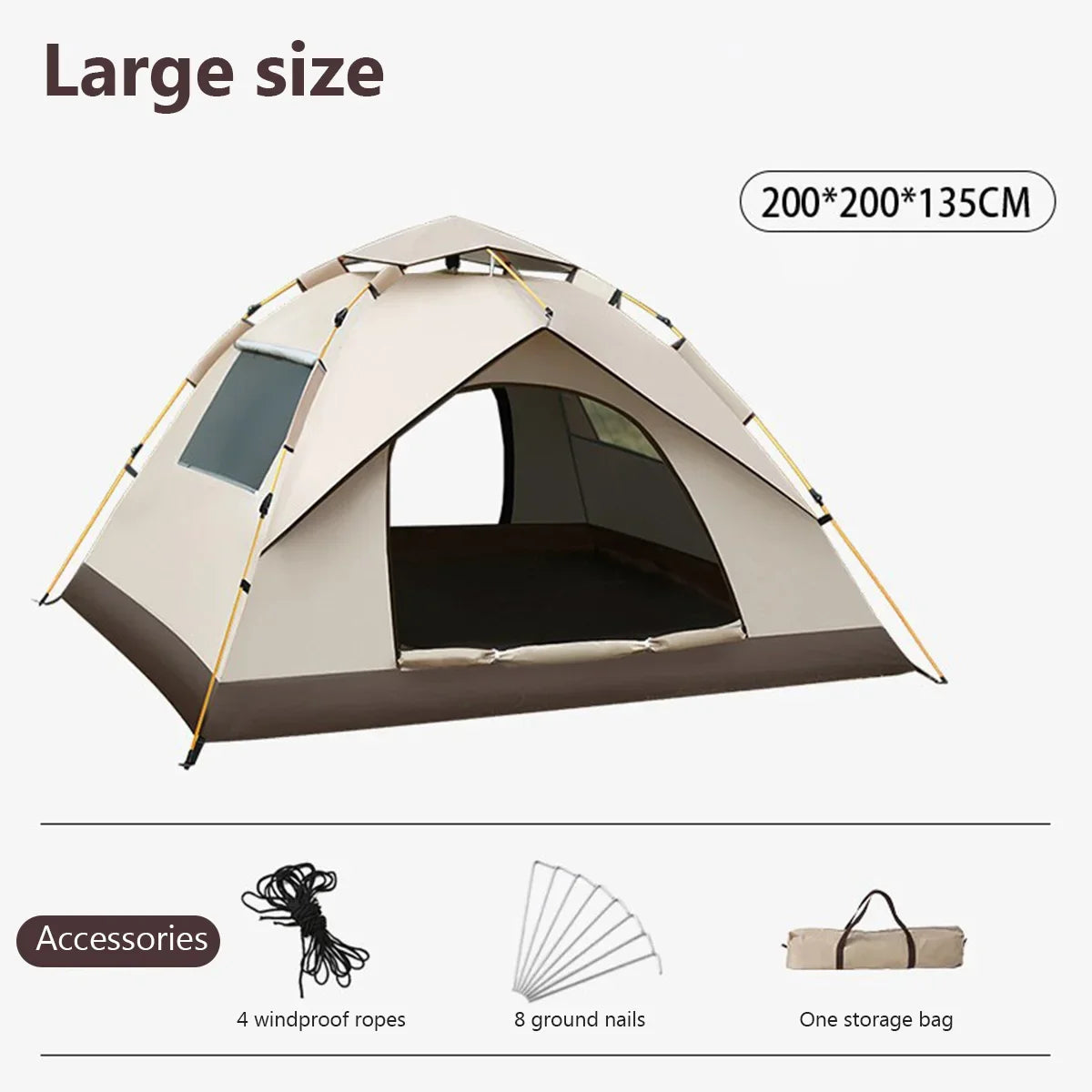 Large-size folding camping tent set with ropes, ground nails, and storage bag