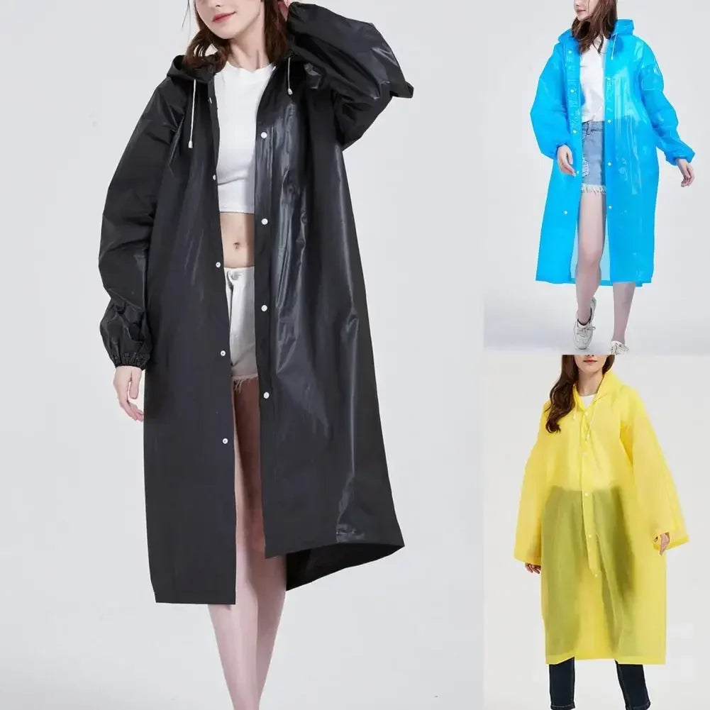 Black hooded EVA raincoat with snap-front placket and oversized long sleeves