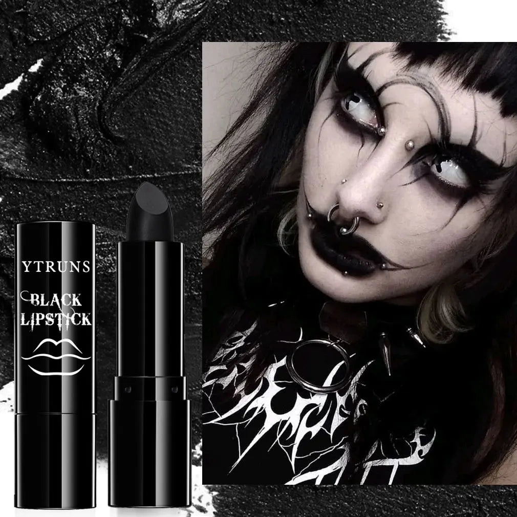 Matte black lipstick and bullet with dark lip application and gothic makeup