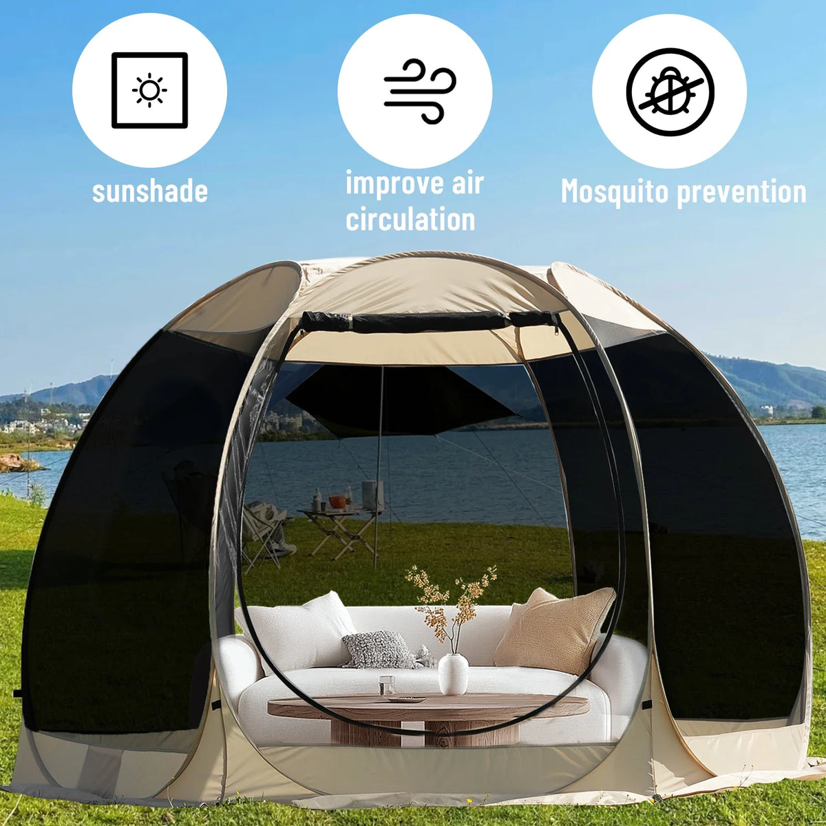 6-8 person dome camping tent with zip front opening and mesh panels