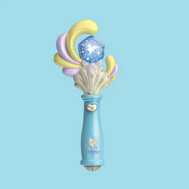 Blue light-up princess wand with swirl head and glowing blue snowflake