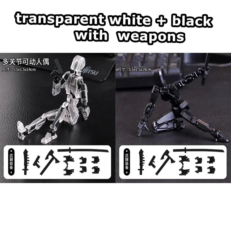 Transparent white and black robot action figure with weapon accessory set.