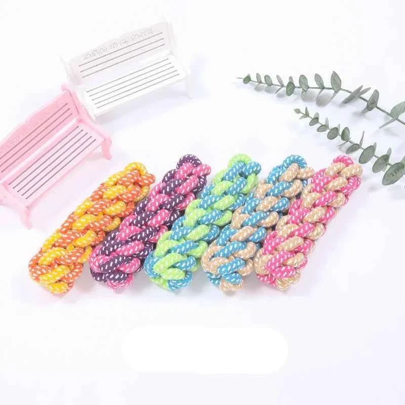 Assorted braided dog rope toy set with knotted ball ends and tug loops, multicolor