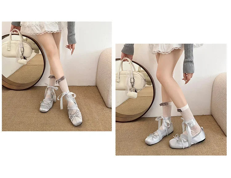 Women’s satin ballet flats in white with ribbon lace-up and square toe bow detail