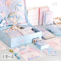 Blue stationery gift set box with patterned cards, stickers, and washi tape rolls