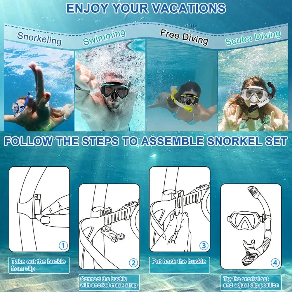 Snorkel set with dry top snorkel system and clear mask, shown as assembling kit