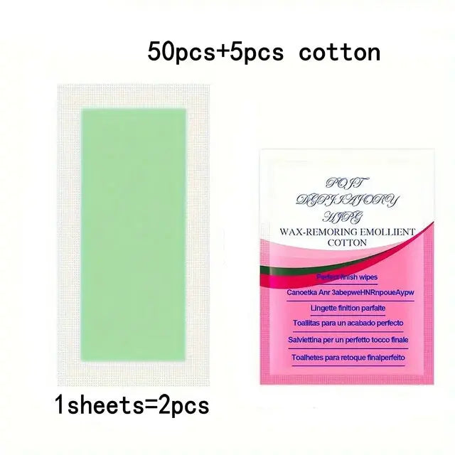 50pcs cold wax strips with 5 cotton wax-removing wipes; green strips and pink wipes.