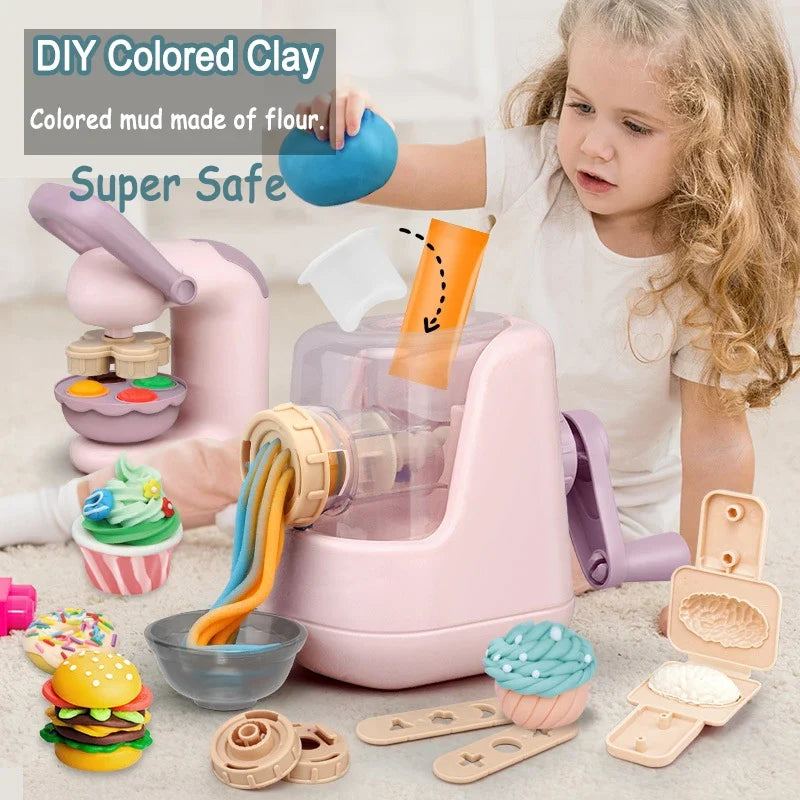 Pink clay noodle maker with clear hopper and attached hand press, kid play set