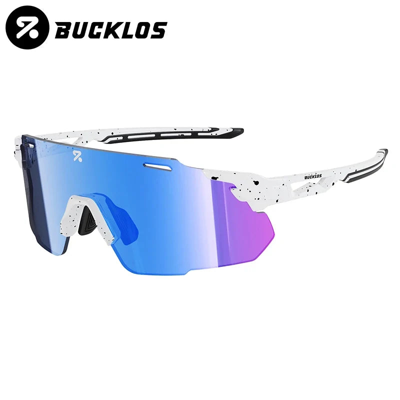 Cycling sports sunglasses with white frame and blue mirrored lens